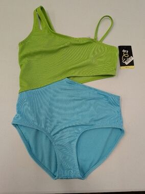 Art Class Girls One Piece Swimsuit XL 14 Plus Colorblock Blue Green Ribbed Stret